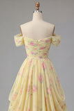 Yellow Ruched Off the Shoulder A Line Long Floral Formal Dress