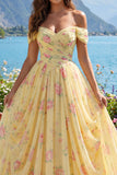 Yellow Ruched Off the Shoulder A Line Long Floral Formal Dress