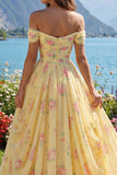 Yellow Ruched Off the Shoulder A Line Long Floral Formal Dress