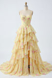 Yellow Spaghetti Straps A Line Corset Floral Formal Dress with Ruffles