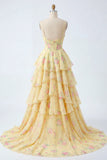 Yellow Spaghetti Straps A Line Corset Floral Formal Dress with Ruffles