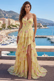 Yellow Spaghetti Straps A Line Corset Floral Formal Dress with Ruffles
