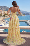 Yellow Spaghetti Straps A Line Corset Floral Formal Dress with Ruffles