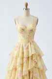 Yellow Spaghetti Straps A Line Corset Floral Formal Dress with Ruffles