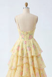 Yellow Spaghetti Straps A Line Corset Floral Formal Dress with Ruffles