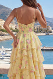 Yellow Spaghetti Straps A Line Corset Floral Formal Dress with Ruffles