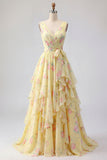 Yellow Floral V-Neck Ruffled Long Formal Dress with Bow
