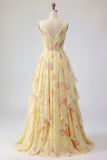 Yellow Floral V-Neck Ruffled Long Formal Dress with Bow