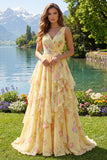 Yellow Floral V-Neck Ruffled Long Formal Dress with Bow