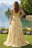 Yellow Floral V-Neck Ruffled Long Formal Dress with Bow