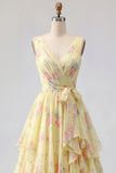 Yellow Floral V-Neck Ruffled Long Formal Dress with Bow
