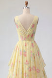Yellow Floral V-Neck Ruffled Long Formal Dress with Bow