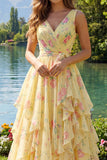 Yellow Floral V-Neck Ruffled Long Formal Dress with Bow