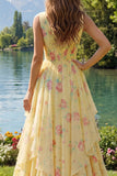 Yellow Floral V-Neck Ruffled Long Formal Dress with Bow