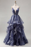 V-Neck Dusty Blue Long Ruched A Line Glitter Formal Dress with Ruffles