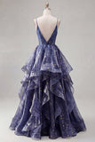 V-Neck Dusty Blue Long Ruched A Line Glitter Formal Dress with Ruffles