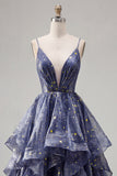 V-Neck Dusty Blue Long Ruched A Line Glitter Formal Dress with Ruffles