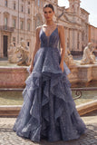 V-Neck Dusty Blue Long Ruched A Line Glitter Formal Dress with Ruffles