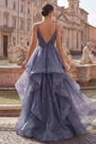 V-Neck Dusty Blue Long Ruched A Line Glitter Formal Dress with Ruffles