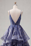 V-Neck Dusty Blue Long Ruched A Line Glitter Formal Dress with Ruffles