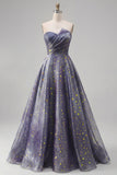 Elegant Dusty Blue Starry Ruched Strapless A-Line Long Formal Dress