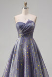 Elegant Dusty Blue Starry Ruched Strapless A-Line Long Formal Dress