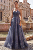 Elegant Dusty Blue Starry Ruched Strapless A-Line Long Formal Dress