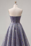 Elegant Dusty Blue Starry Ruched Strapless A-Line Long Formal Dress
