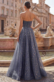 Elegant Dusty Blue Starry Ruched Strapless A-Line Long Formal Dress