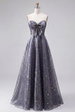 Celestial Midnight Enchanting Starry A-Line Sweetheart Long Formal Dress with Bow