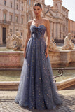 Celestial Midnight Enchanting Starry A-Line Sweetheart Long Formal Dress with Bow