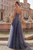 Celestial Midnight Enchanting Starry A-Line Sweetheart Long Formal Dress with Bow