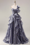 Ruffled Dusty Blue Long Ruched A Line Glitter One Shoulder Formal Dress with Bows