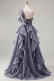 Ruffled Dusty Blue Long Ruched A Line Glitter One Shoulder Formal Dress with Bows