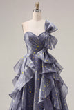 Ruffled Dusty Blue Long Ruched A Line Glitter One Shoulder Formal Dress with Bows