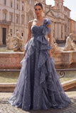 Ruffled Dusty Blue Long Ruched A Line Glitter One Shoulder Formal Dress with Bows