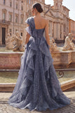 Ruffled Dusty Blue Long Ruched A Line Glitter One Shoulder Formal Dress with Bows
