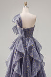Ruffled Dusty Blue Long Ruched A Line Glitter One Shoulder Formal Dress with Bows