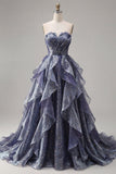 Starry Night Dusty Blue Strapless Long Formal Dress with Ruched Bodice and Cascading Ruffles