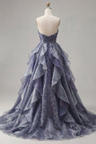Starry Night Dusty Blue Strapless Long Formal Dress with Ruched Bodice and Cascading Ruffles