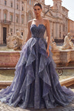 Starry Night Dusty Blue Strapless Long Formal Dress with Ruched Bodice and Cascading Ruffles