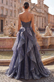 Starry Night Dusty Blue Strapless Long Formal Dress with Ruched Bodice and Cascading Ruffles