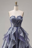Starry Night Dusty Blue Strapless Long Formal Dress with Ruched Bodice and Cascading Ruffles