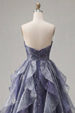Starry Night Dusty Blue Strapless Long Formal Dress with Ruched Bodice and Cascading Ruffles