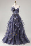 Starry Night Dusty Blue Strapless Bowed Long Formal Dress with Cascading Ruffles