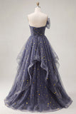 Starry Night Dusty Blue Strapless Bowed Long Formal Dress with Cascading Ruffles