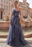Starry Night Dusty Blue Strapless Bowed Long Formal Dress with Cascading Ruffles