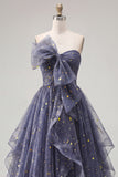 Starry Night Dusty Blue Strapless Bowed Long Formal Dress with Cascading Ruffles