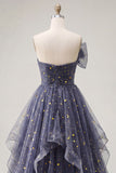 Starry Night Dusty Blue Strapless Bowed Long Formal Dress with Cascading Ruffles