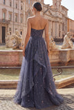 Starry Night Dusty Blue Strapless Bowed Long Formal Dress with Cascading Ruffles